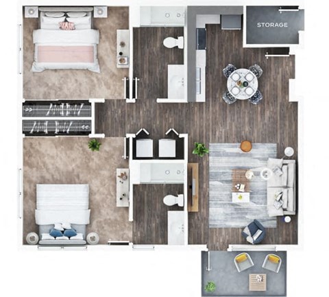 Floor plan for 2 beds, 2 baths, 890 sqft